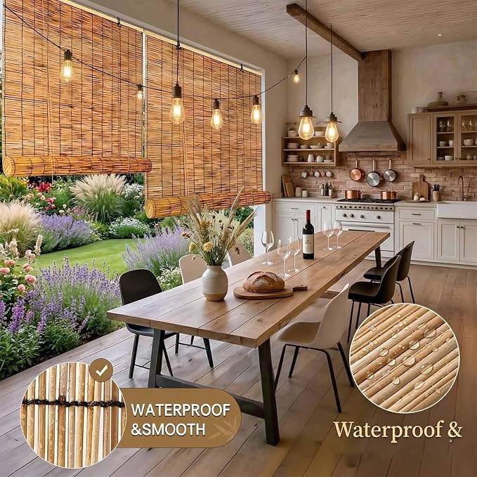 Weatherproof Patio Shades Roll Up Outdoor, 42" 53" 60" 65" 72" Reeds Bamboo Window Blinds, Light Filtering Balcony Privacy Screen and Garden Pergola Sun Protection(52" W x 72" H)