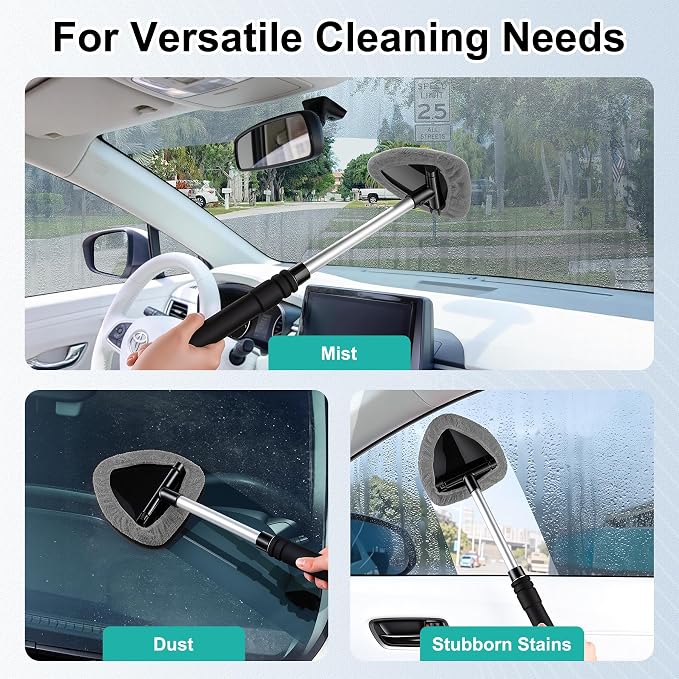 JUSTTOP Windshield Cleaner Tool, Car Interior and Exterior Window Cleaning Kit with Extendable Handle & 4 Reusable Microfiber Pads, Auto Glass Wiper Brush Kit for Car & Home Windows (Grey)