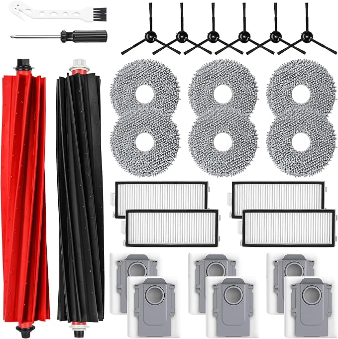 26 Pack Replacement Parts for Roborock Qrevo Master/Qrevo Slim Robot Vacuum | 2 Main Brush 6 Side Brushes 4 HEPA Filters 6 Mop Pads 6 Dust Bags 1 Cleaning Brush 1 Screwdriver