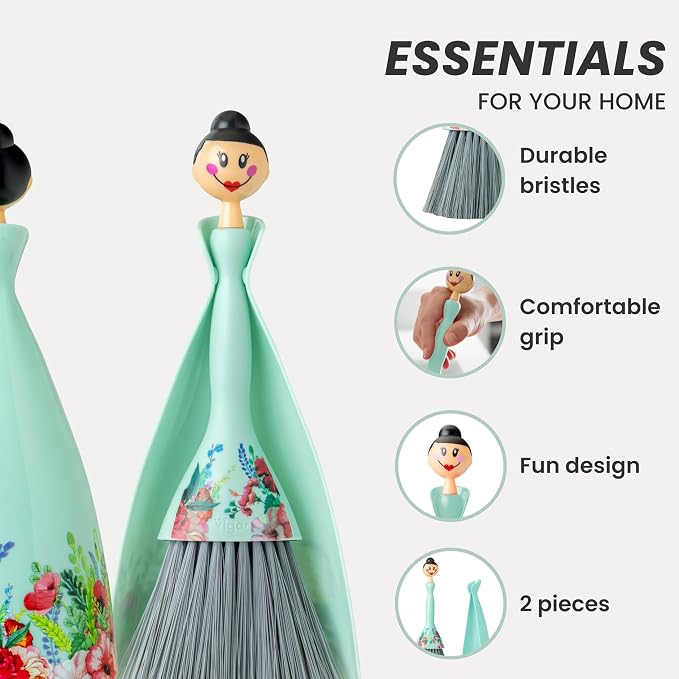 Vigar Mini Broom and Dustpan Set - Small Broom and Dustpan, Hand Broom for Desk, Kitchen, Car, Crumb Brush for Dust & Pet Hair, Decorative Doll Design, Portable Dust Pan Brush for Indoor - Turquoise