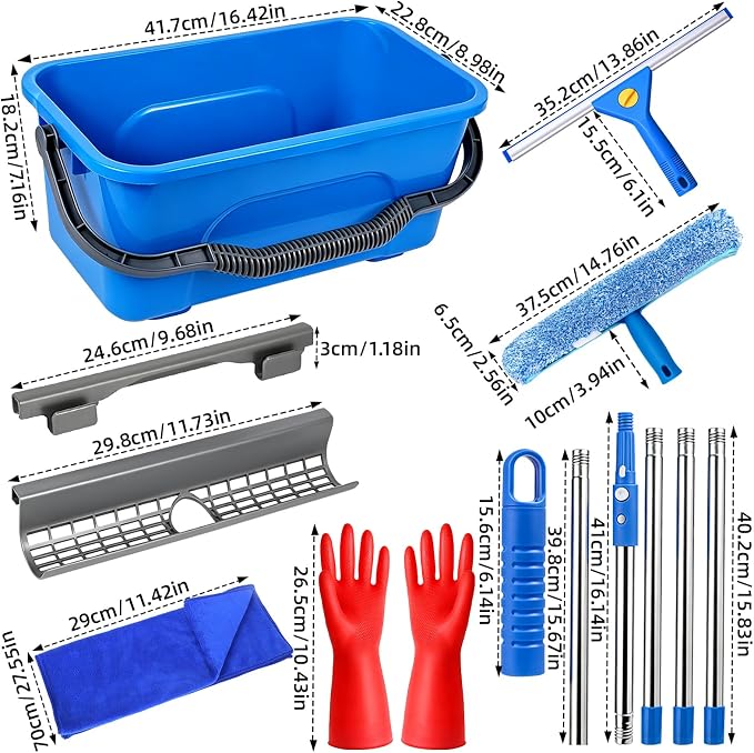 Window Cleaning Kit with 3 Gal Bucket - 14'' Window Squeegee&15'' Scrubber&76'' Long Handle Window Cleaner Tool, Professional Windows Washing Equipment for Home, Commercial Use, Outdoor, Car