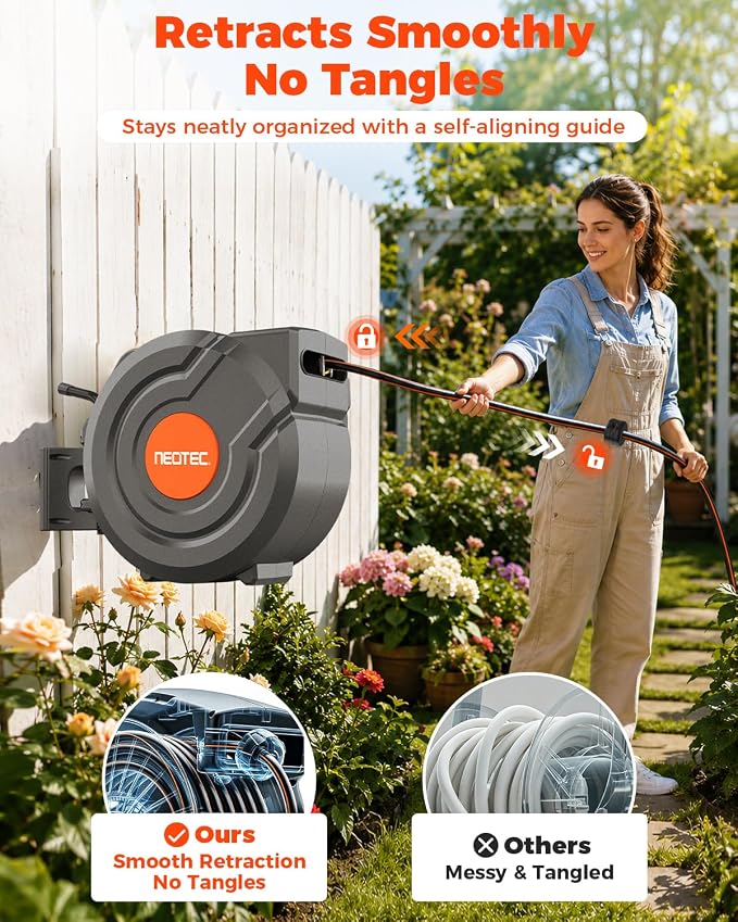5/8 in 115 ft Retractable Garden Hose Reel with 9-Pattern Sprayer Nozzle | Any Length Lock, Auto Slow Return, 180° Swivel Mount, UV Resistant, Heavy Duty