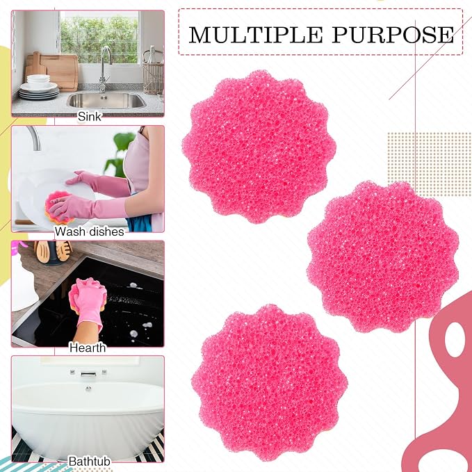 FillTouch 3 Pcs Dual Sided Scrub Sponge Multi Functional Cute Temperature Sensitive Non Scratch Dish Sponge for Washing Dishes Kitchen Bathroom(Flower,Pink)