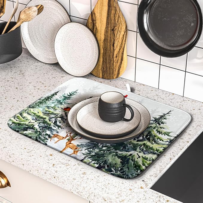 Pine Tree Dish Drying Mat for Kitchen Counter 16x18 Inch Forest Deer Absorbent Dishes Drainer Mats Reversible Microfiber Quick Dry Rack Pad