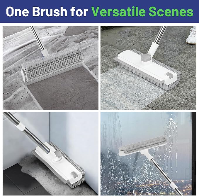 3 in 1 Floor Scrub Brush with Long Handle & Squeegee | Heavy-Duty, Adjustable, 360° Rotating Head for Cleaning Tile Bathroom Deck Kitchen Patio, White