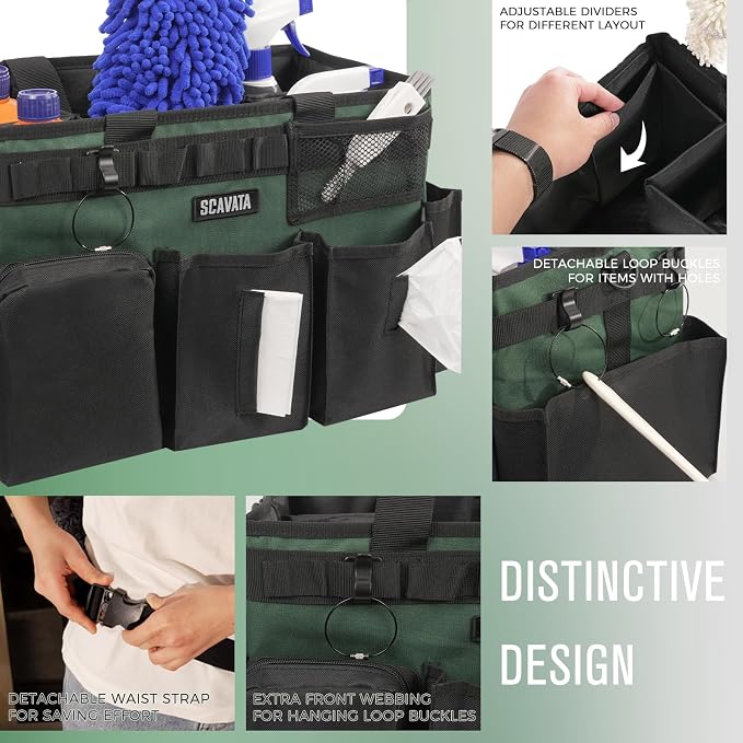 SCAVATA Wearable Cleaning Caddy Bag, Cleaning Caddy Supplies Organizer with Handle & Shoulder Straps for Housekeepers, Under Sink & Car Cleaning Tool Organizers with 4 Foldable Divider (TreeGreen)