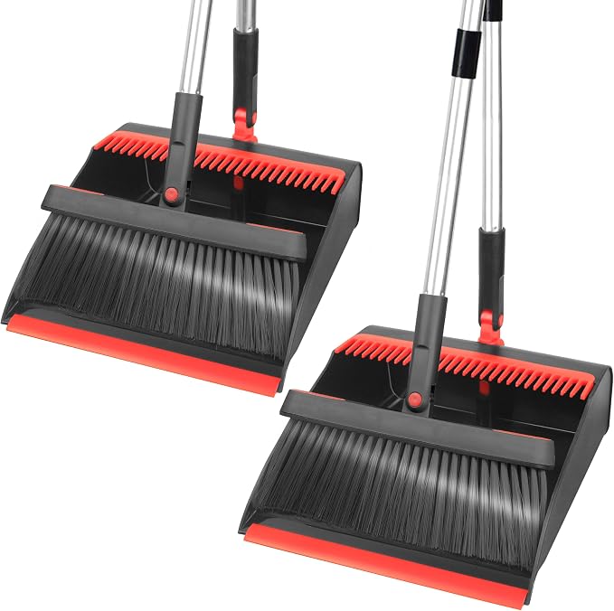 2 Pack Broom and Dustpan Set with 48" Long Handle Black | Stand Up Dustpan with Self-Cleaning Teeth and Long Handle Broom Set for Home, Office, Kitchen and Indoor Outdoor Cleaning