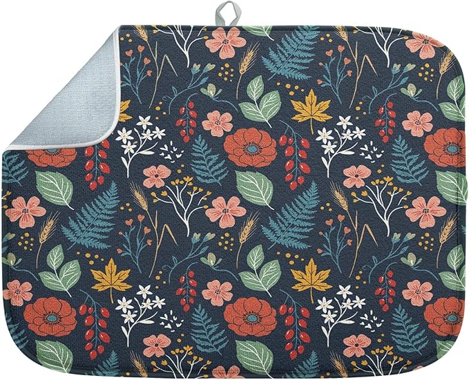 Sanwarm Absorbent Dish Drying Mat, All Lace Colorful Flowers Ornaments Microfiber Pad for Kitchen Counter, Coffee Bar Decor, Heat Resistant and Reversible, 18" x 24"