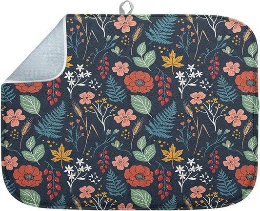 Sanwarm Absorbent Dish Drying Mat, All Lace Colorful Flowers Ornaments Microfiber Pad for Kitchen Counter, Coffee Bar Decor, Heat Resistant and Reversible, 16" x 18"