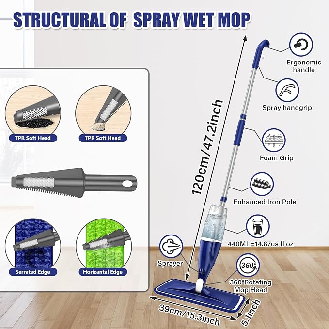 Microfiber Spray Mops for Floors Cleaning: Wet Dry Mop Hardwood Floor Mops | 3 Washable Reusable Pads for Swiffer Powermop, Flat Mop with Sprayer Microfiber Dust Mop, for Tile Wood Laminate Vinyl Marble
