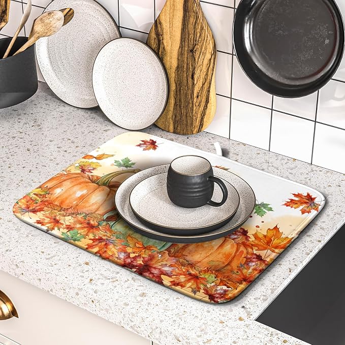 Fall Dish Drying Mat for Kitchen Counter 16×18 Inch Orange Pumpkin Drainer Pad Rustic Autumn Dish Rack Pad Drainer Mat Thanksgiving Absorbent Reversible Microfiber Dish Drying Pad for Coffee Bar