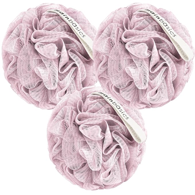 MainBasics Shower Loofah Sponge Pouf, Set of 3, Perfectly Pink | Soft Mesh Body Scrubber and Bath Sponge for Gentle Exfoliation, Rich Lather, and Everyday Shower Use