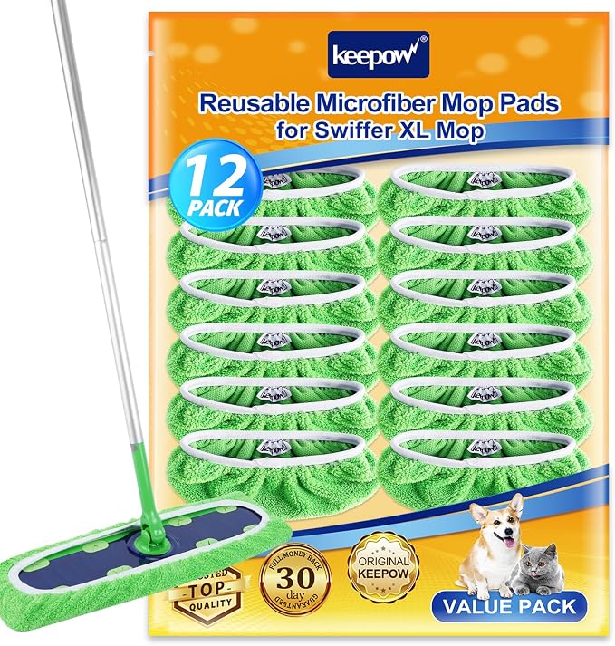 KEEPOW 12PCS Mop Pads Replacement Compatible with Swiffer Wet Pads Refill XL Size, Reusable Mop Pads for Hardwood Floor Cleaning