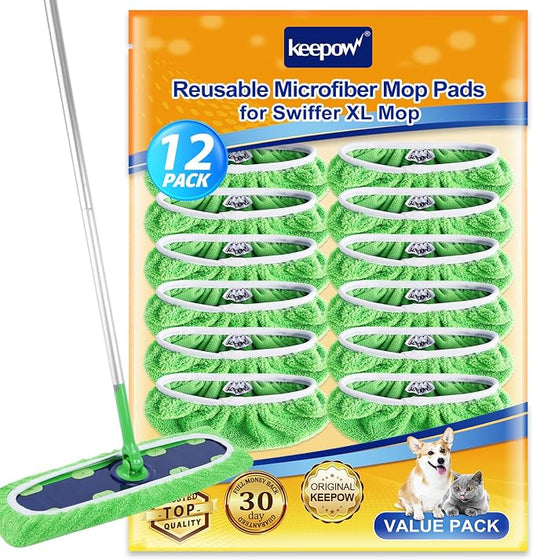 KEEPOW 12PCS Mop Pads Replacement Compatible with Swiffer Wet Pads Refill XL Size, Reusable Mop Pads for Hardwood Floor Cleaning