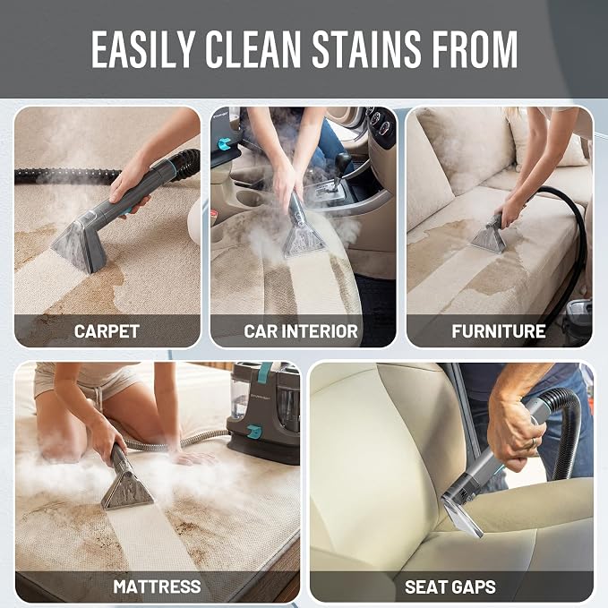 Starrybot Portable Carpet Cleaner with Steam, 18Kpa Spot Cleaner | Steam and heating technology help lift pet messes, couch stains, stair spots, rugs, and furniture dirt.