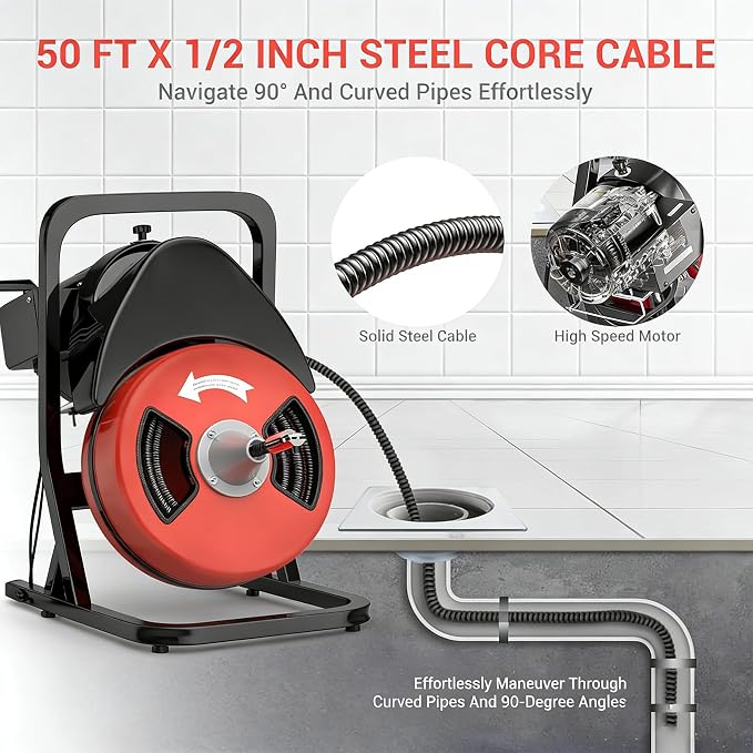 50FTx1/2 Inch Drain Cleaner Machine with Wheels, Sewer Snake Electric Drain for 2" to 4" Pipes, Plumbing Snake Auger Cleaner with 6 Cutter & Foot Switch for Sewer, Sink, Toilet, Bathroom