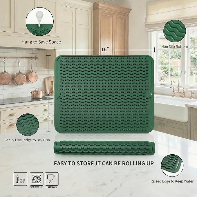 MicoYang Silicone Dish Drying Mat — Quick-Dry Ridges Counter & Sink Pad, Heat-Resistant Trivet to 450°F, Non-Slip & Dishwasher Safe, Roll-Up Storage, 18 Colors & 9 Sizes (Green, 16"×12")