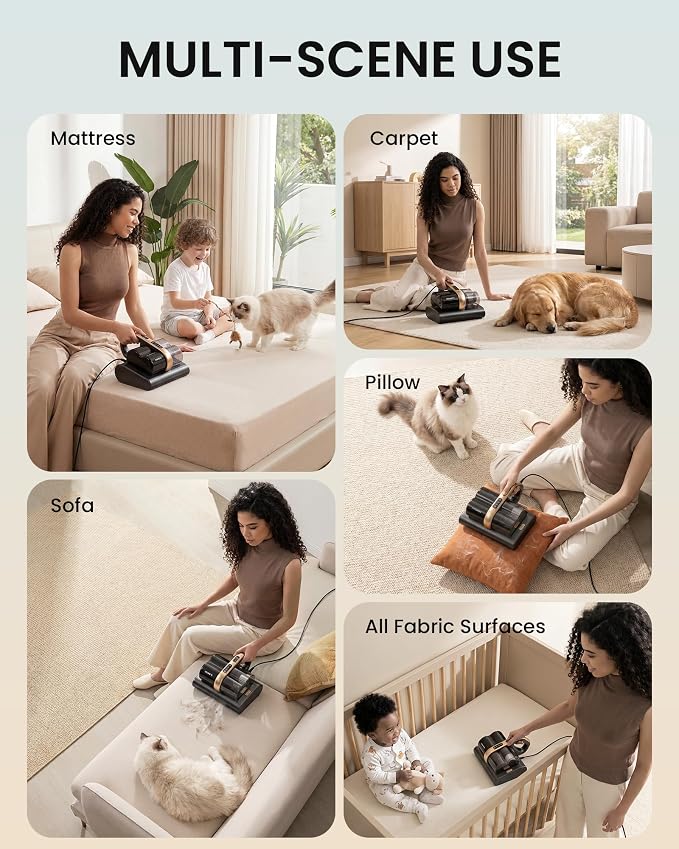 HEAPETS Mattress Vacuum Cleaner, 16Kpa Bed Vacuum with 275nm UV-C Light & 149℉ Heat & Ultrasonic, Dual High-Speed Roller Brushes & H13 HEPA Filter for Pet Hair, Bed, Sofa, Couch, Corded Black
