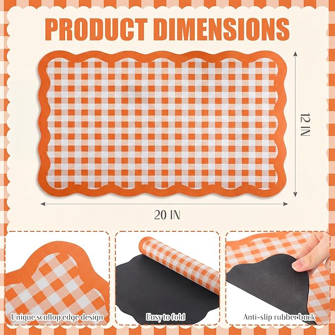 Scalloped Gingham Coffee Mat 12" x 20" Absorbent Coffee Bar Mat Gingham Espresso Matt for Counter(Orange)