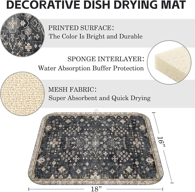 Boho Dish Drying Mat for Kitchen Counter,Vintage Dark Grey Modern Farmhouse Absorbent Microfiber Reusable Washable Non-Slip Dish Drainer Draining Mats Dishes Pad for Kitchen Decor 18x16 Inch