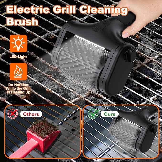 Electric Grill Brush – 2600mAh Rechargeable Outdoor Grill Cleaner, 2-Speed Adjustable (Up to 1000 RPM), 2 Replacement Heads, with LED Light, for BBQ Grates/Camping Stoves (Black)