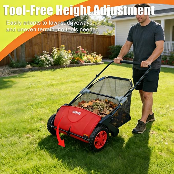 GarveeLife Manual Push Lawn Sweeper 21-Inch, Yard Leaf & Debris Collector with 3.5 Cu. Ft. Collection Bag, Adjustable Brush Height for Lawns & Driveways, Foldable Storage Design