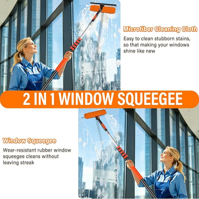 30FT Telescoping Window Squeegee Kit | 2-in-1 Professional Window Washer & Microfiber Scrubber with Extension Pole | High Reach Cleaning Tool for Outdoor, Indoor Windows & Glass