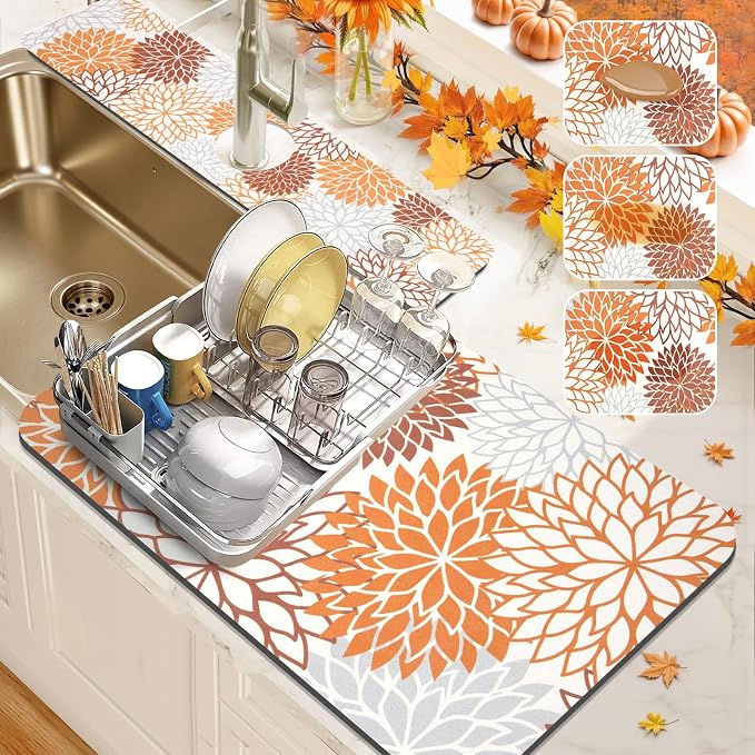 Findosom 2PCS 16" x 24" Fall Dish Drying Mat & 24" x 5.5" Sink Splash Guard, Super Absorbent & Cuttable Dish Mat Drying Kitchen Mat with Orange Floral, Hide Stain Drying Mat for Kitchen Counter