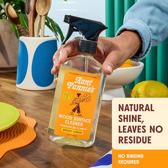 Aunt Fannie's All Purpose Wood Spray Cleaner, Lemon, 16.9 oz, Pack of 1 | No-Wax Formula, Removes Dust & Grime, Safe for Tables Counters Shelves Walls & Cabinets, Child and Pet Safe, Made in USA