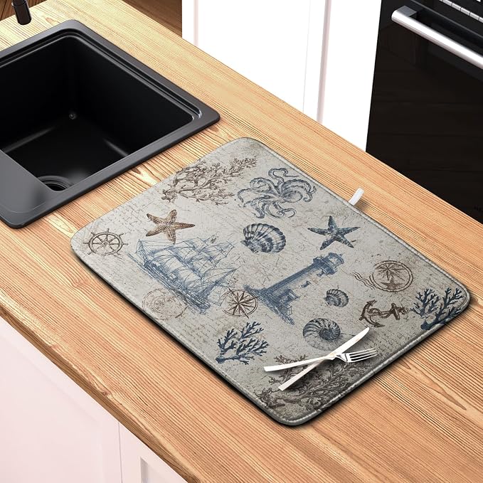 Nautical Coastal Dish Drying Mat for Kitchen Counter Summer Ocean Sailboat Starfish Seashell Absorbent Microfiber Dish Mat Reusable Washable Dish Drainer Rack Mat 18x24 Inch