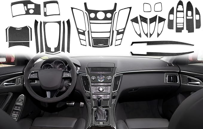 Real Carbon Fiber Trim for Cadillac CTS Accessories | for 2008 2009 2010 2011 2012 2013 Full Set Air Outlets Central Console Dashboard Sticker Interior Thick Overlay Decal