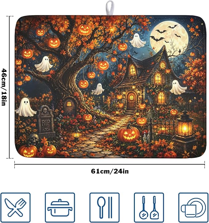 Halloween Dish Drying Mat for Kitchen Counter Seasonal Holiday Fall Spooky Pumpkin Ghost Microfiber Dish Drainer Mat Vintage Rustic Absorbent Washable Drying Pad 18"x24"