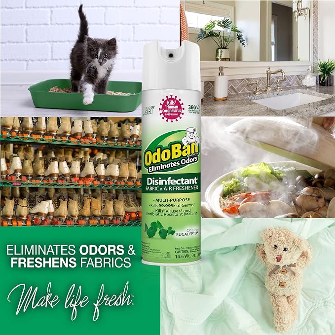 OdoBan Ready-to-Use 360-Degree Continuous Spray Disinfectant and Harsh Aroma Eliminator, Fabric and Air Freshener, 3 Pack, 14.6 Ounces Each, Original Eucalyptus Scent Clear