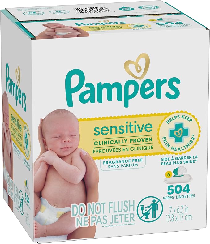 Pampers Sensitive Baby Wipes, Clinically Proven, Fragrance Free, Unscented, Water Based, Hypoallergenic, Multi-Use, Hand Wipes 504 Wipes Total (6X Flip-Top Packs) [Packaging May Vary]