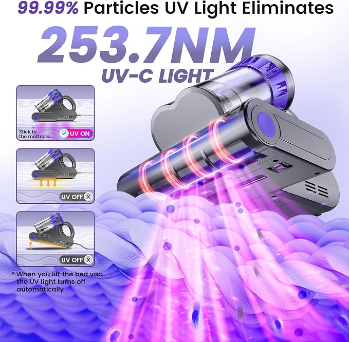 Mattress Vacuum Cleaner, Handheld Bed Vacuum Cleaner with 16Kpa Suction, 253.7nm UV-C Light & 149℉ Hot Air, 550W Double-Cup Handheld Vacuums