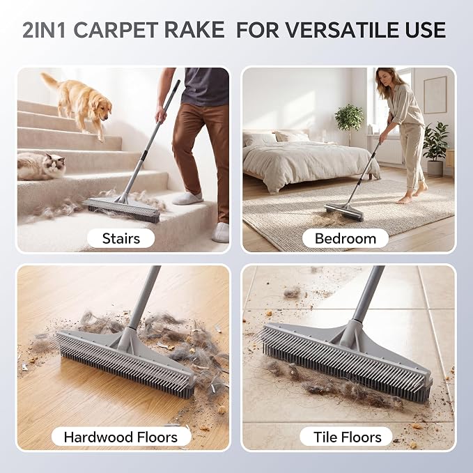 Walensee Carpet Brush for Pet Hair Removal, 2 in 1 Carpet Rake & Rubber Broom with Nylon Cleaning Brush, Adjustable Long Handle Rug Rake for Shag Carpet, Rugs, Stairs, Mats and Floors