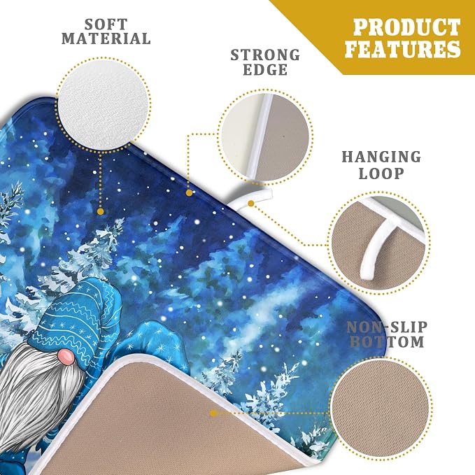 Winter Blue Gnome Dish Drying Mat for Kitchen Counter Pine Tree Microfiber Dish Pad Absorbent Reversible Fast Dry Draining Mats 16x18 Inch