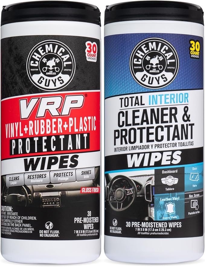 Chemical Guys, VRP & Total Interior Cleaner Canister Wipes, Multi, 60 Count | Pre-moistened wipes clean and dress dashboards, vinyl, plastic and trim on the go, sixty per canister