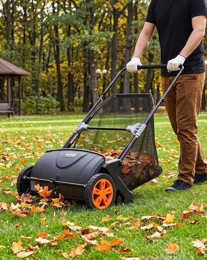 21-Inch Push Lawn Sweeper, 3.5 Cu. Ft. Hopper Leaf & Grass Collector, 4 Spinning Brushes, Adjustable Brush Height, Manual Yard Sweeper for Grass Clippings, Leaves & Light Debris, Black & Orange | 4 Spinning Brushes, Adjustable Brush Height, Manual Yard...
