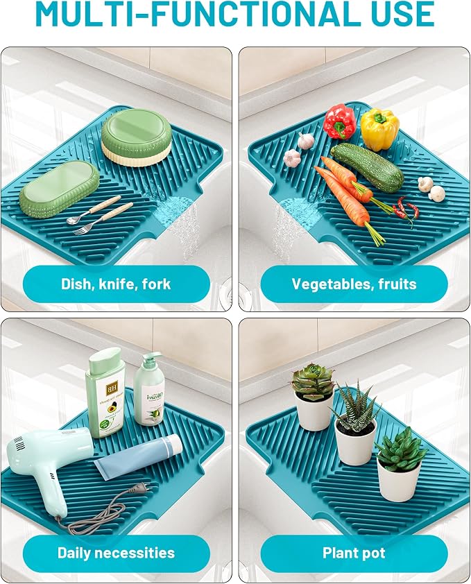 Dish Drying Mat Kitchen Counter - Silicone Dish Drying Pad with Built-in Drain for Sink, Refrigerator and Drawer liner, Easy Clean, Non-Slip, Heat Resistant, 14.8" x 10.7"