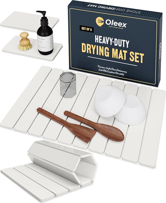 Oleex 3-Pack Stone Dish Drying Mat Set Includes 1 Large 24”x16” & 2 Small 4”x9” for Kitchen Counter-Collapsible Diatomaceous Earth Pad Absorbs Water & Dries Dishes Fast, Non-slip, Odor-Resistant Mats