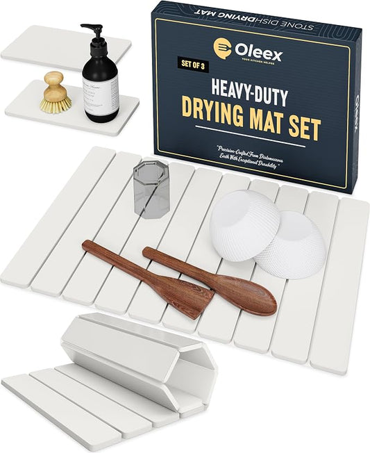 Oleex 3-Pack Stone Dish Drying Mat Set Includes 1 Large 24”x16” & 2 Small 4”x9” for Kitchen Counter-Collapsible Diatomaceous Earth Pad Absorbs Water & Dries Dishes Fast, Non-slip, Odor-Resistant Mats
