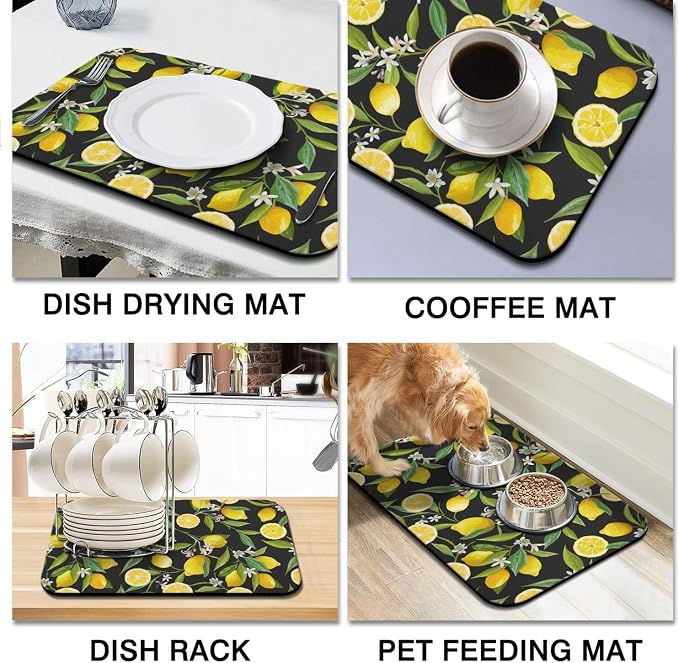 Dish Drying Mat 2-Pack in Black Lemon for Kitchen Counter Dishes Mat | Diatom Mud Mats (18x24, 19.5x12"). Non-slip rubber back for kitchen counter, coffee bar & sink scenes
