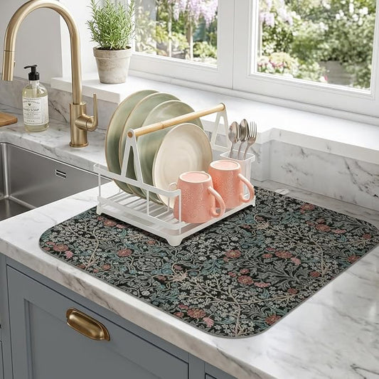 Boho Dish Drying Mat for Kitchen Counter,Vintage Botanical Floral Farmhouse Absorbent Microfiber Reusable Washable Non-Slip Dish Drainer Draining Mats Dishes Pad for Kitchen Decor 18x16 Inch