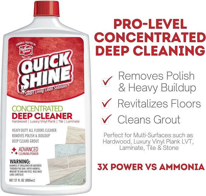 Quick Shine Multi Surface Deep Floor Cleaner and Wax Remover 27Fl oz,(Pack of 2) Removes Wax Build-Up,Revitalizes Floors &Cleans Grout,Use on Hardwood, Laminate, LVT,Tile and Stone,Pro-Level Cleaning | Pro-level Deep Cleaning, Fresh Clean Scent, Remove...