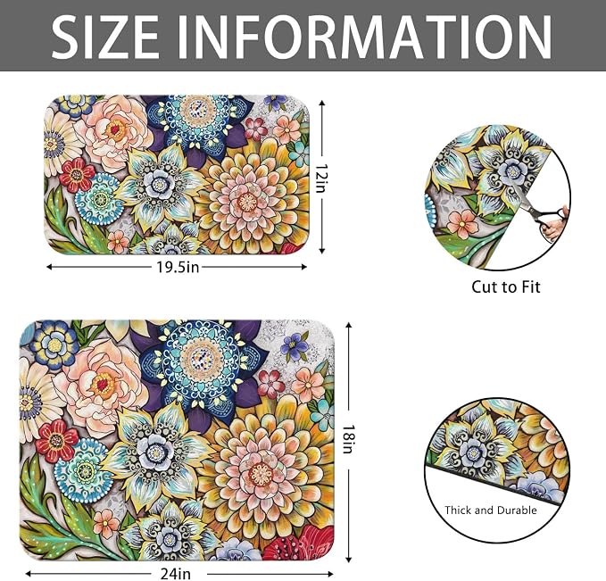 Dish Drying Mat 2-Pack with Mandala for Kitchen Counter Absorbent Dishes | Diatom Mud Mats (18x24, 19.5x12"). Non-slip rubber back for kitchen counter, coffee bar & sink scenes