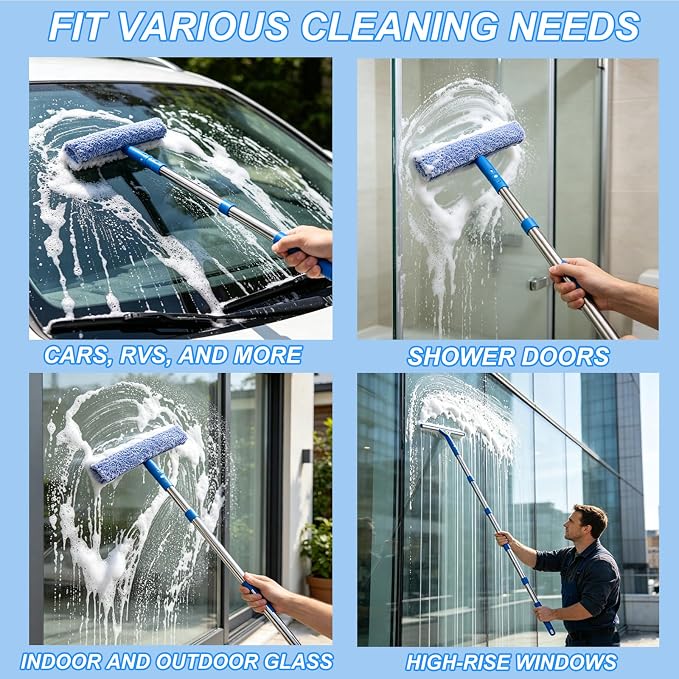 Professional Window Cleaning Kit with 76" Pole,Bucket 3 Gallon,Streak-Free | Includes14"Silicone Squeegee,Microfiber Scrubber,Towel Window Washing for Home, Outdoor, Car & Commercial Use