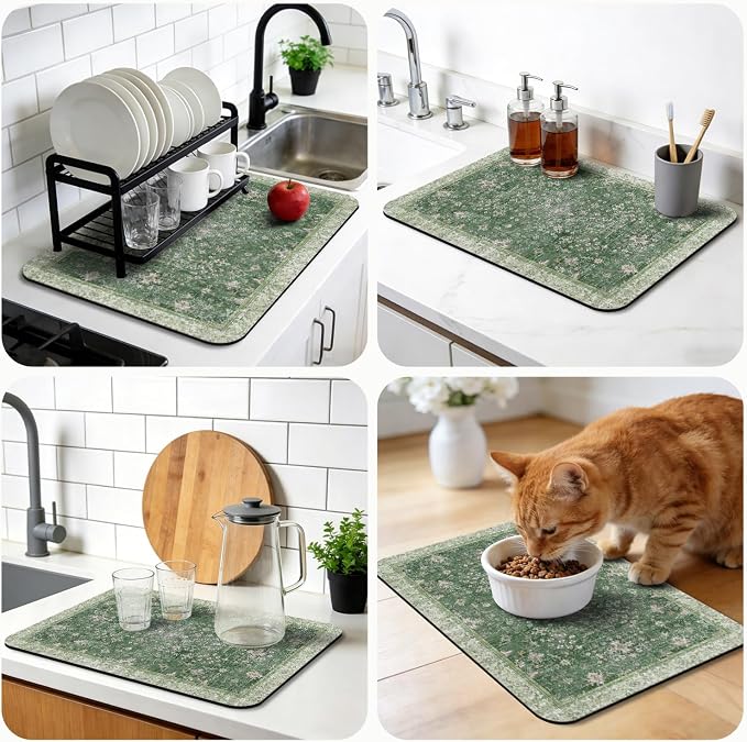 Dish Drying Mat, Vintage Rustic Boho Kitchen Dishes Absorbent Pad, 17x32in | Eco-friendly diatomite with non-slip rubber backing. Super absorbent mat for kitchen counters, coffee bars & sinks