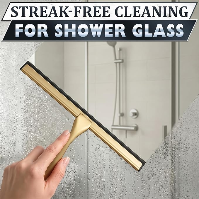 Gold Squeegee for Shower Glass, 10" Silicone Blade, Stainless Steel | Shower Door Squeegee with Hook, Adhesive Mount; All-Purpose Bathroom Tile, Mirror, & Window Wiper for Streak-Free Cleaning