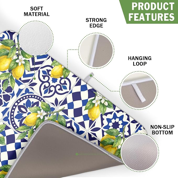 Lemon and Blue Tile Dish Drying Mat 16x18 Inch Absorbent Reversible Mexican Tilt Drying Mat Blue White Italy Lemons Dish Drying Rack Mat Summer Themed Dish Drainer Mat for Kitchen Counter Coffee Bar